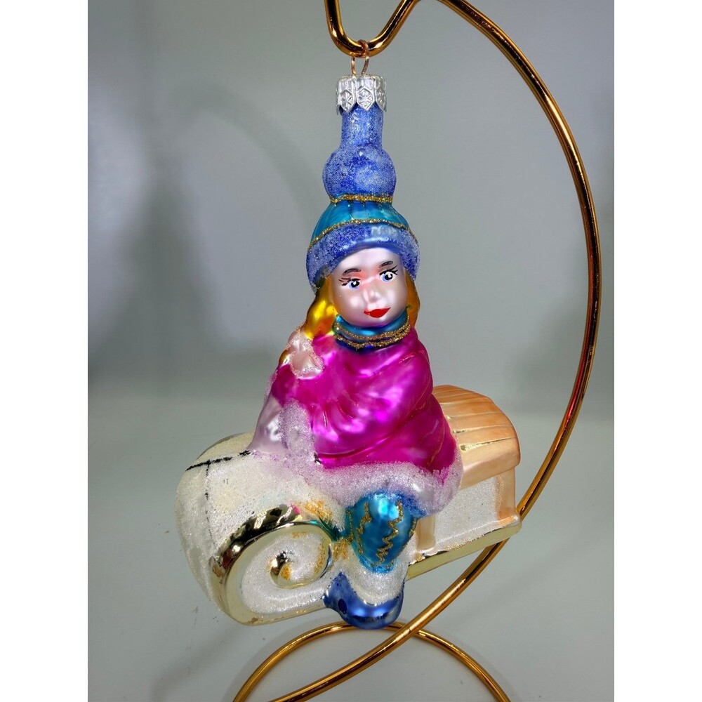 Radko Style Girl on Sled Christmas Ornament Blown Glass Hand Painted Glitter